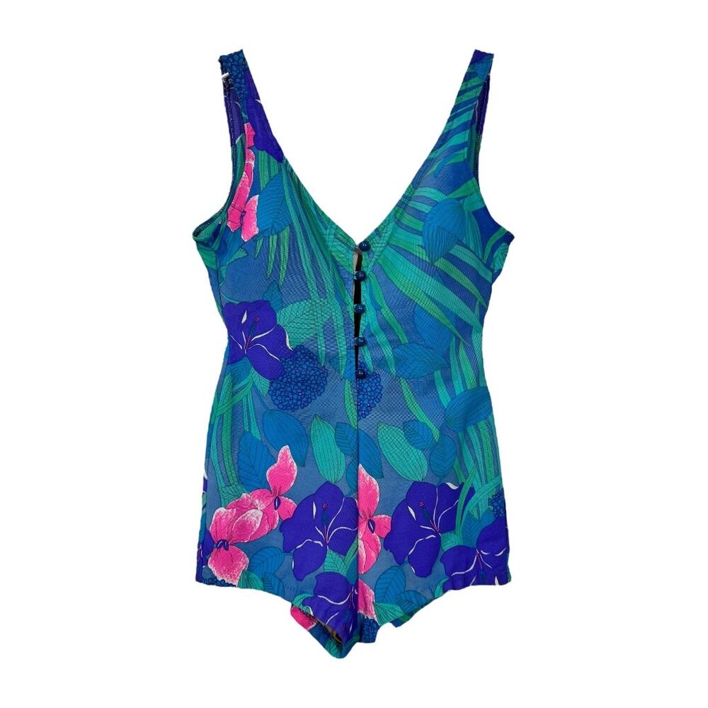 Vintage 1960s Cole Of California Swimsuit 16 One Piece Floral Print Blue Romper